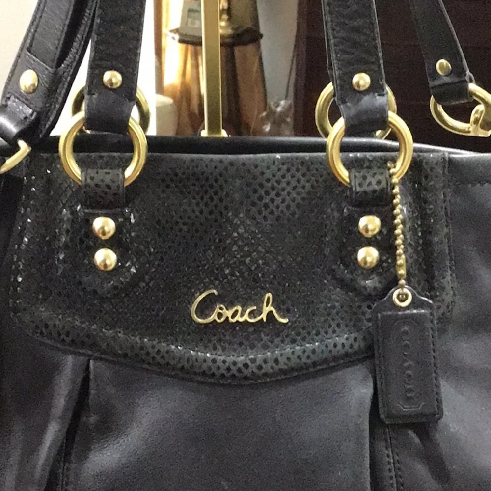 Coach Ashley Designer Black Tote with Gold Accents Crossbody Purse Handbag